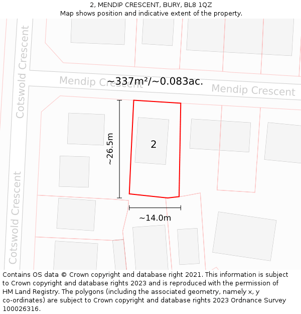 2, MENDIP CRESCENT, BURY, BL8 1QZ: Plot and title map