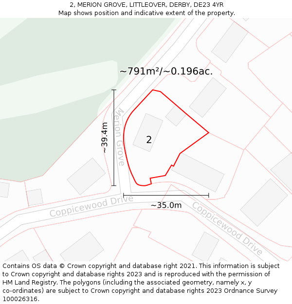 2, MERION GROVE, LITTLEOVER, DERBY, DE23 4YR: Plot and title map