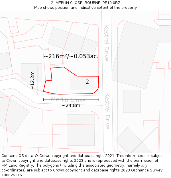 2, MERLIN CLOSE, BOURNE, PE10 0BZ: Plot and title map