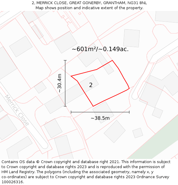 2, MERRICK CLOSE, GREAT GONERBY, GRANTHAM, NG31 8NL: Plot and title map