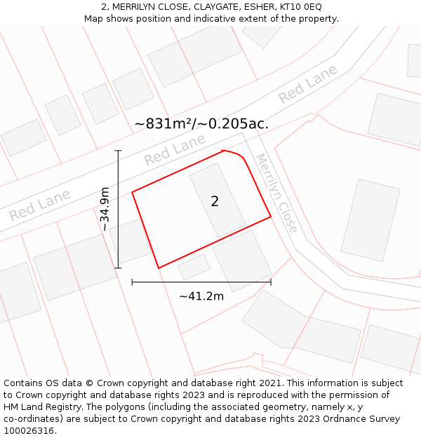 2, MERRILYN CLOSE, CLAYGATE, ESHER, KT10 0EQ: Plot and title map