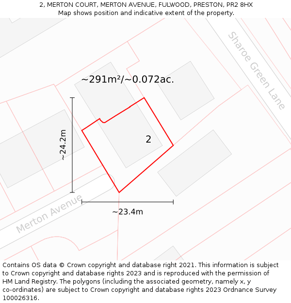 2, MERTON COURT, MERTON AVENUE, FULWOOD, PRESTON, PR2 8HX: Plot and title map