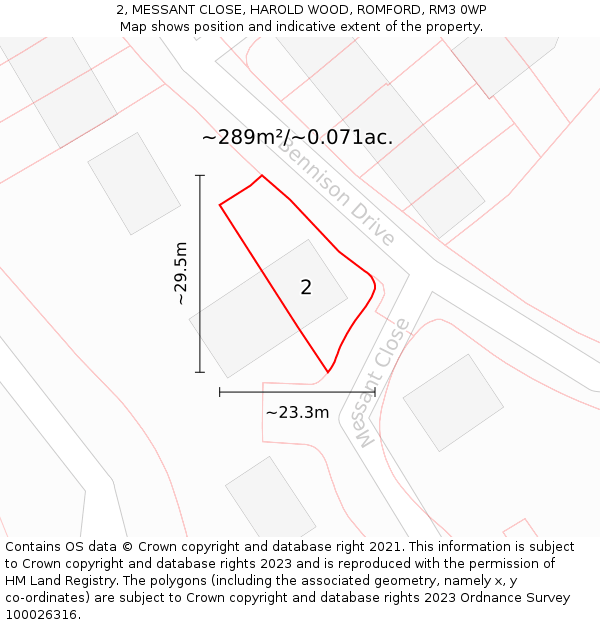 2, MESSANT CLOSE, HAROLD WOOD, ROMFORD, RM3 0WP: Plot and title map