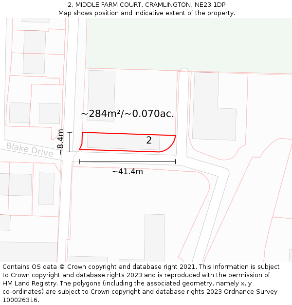 2, MIDDLE FARM COURT, CRAMLINGTON, NE23 1DP: Plot and title map