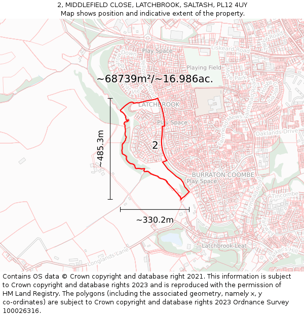 2, MIDDLEFIELD CLOSE, LATCHBROOK, SALTASH, PL12 4UY: Plot and title map