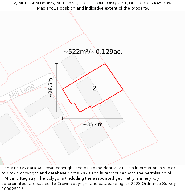 2, MILL FARM BARNS, MILL LANE, HOUGHTON CONQUEST, BEDFORD, MK45 3BW: Plot and title map