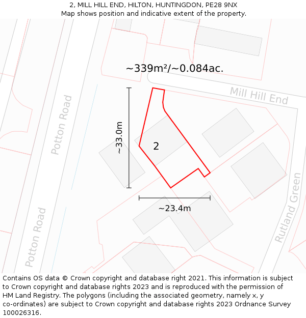 2, MILL HILL END, HILTON, HUNTINGDON, PE28 9NX: Plot and title map