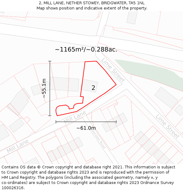 2, MILL LANE, NETHER STOWEY, BRIDGWATER, TA5 1NL: Plot and title map