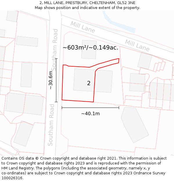 2, MILL LANE, PRESTBURY, CHELTENHAM, GL52 3NE: Plot and title map