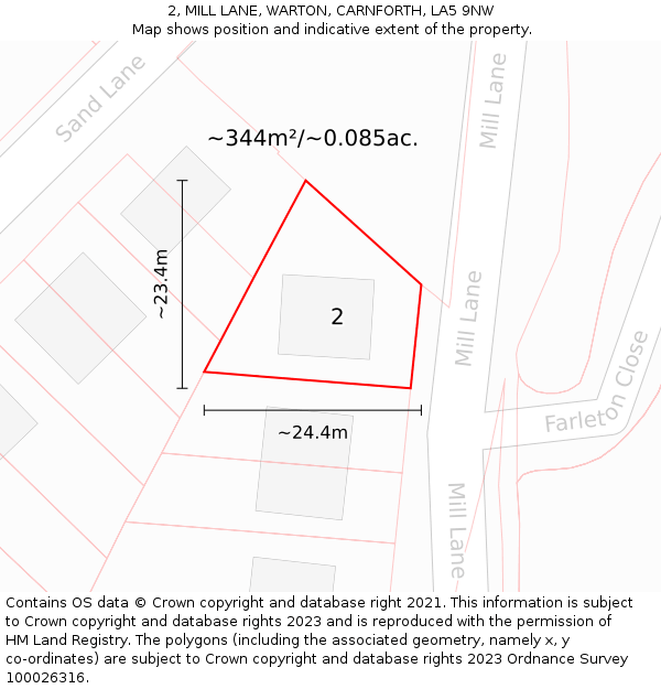 2, MILL LANE, WARTON, CARNFORTH, LA5 9NW: Plot and title map