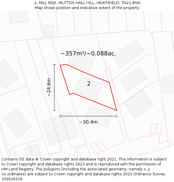 2, MILL RISE, MUTTON HALL HILL, HEATHFIELD, TN21 8NN: Plot and title map