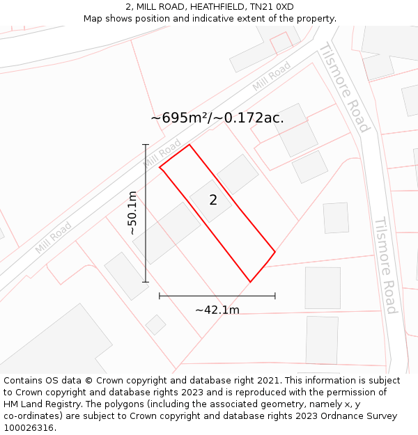 2, MILL ROAD, HEATHFIELD, TN21 0XD: Plot and title map