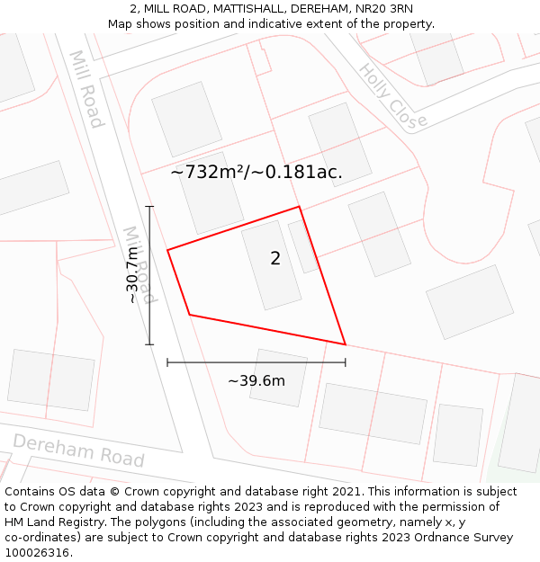 2, MILL ROAD, MATTISHALL, DEREHAM, NR20 3RN: Plot and title map