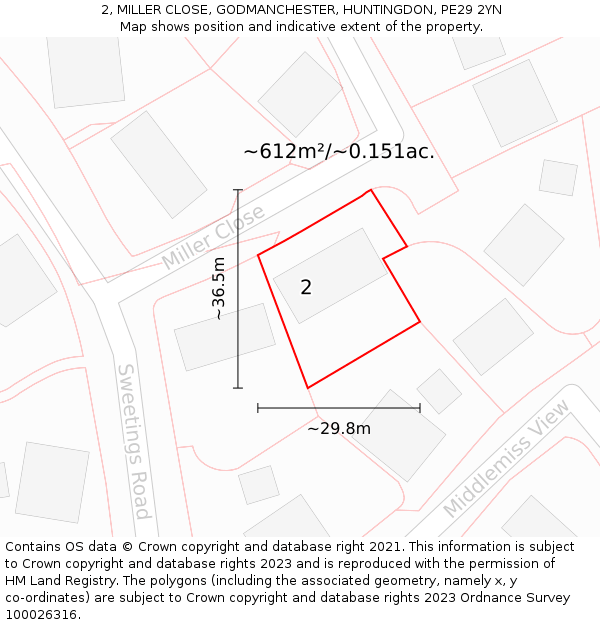 2, MILLER CLOSE, GODMANCHESTER, HUNTINGDON, PE29 2YN: Plot and title map