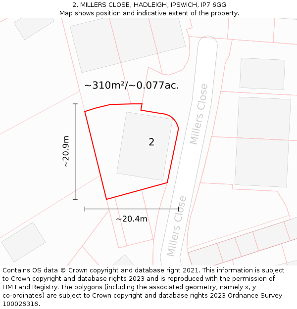 2, MILLERS CLOSE, HADLEIGH, IPSWICH, IP7 6GG: Plot and title map