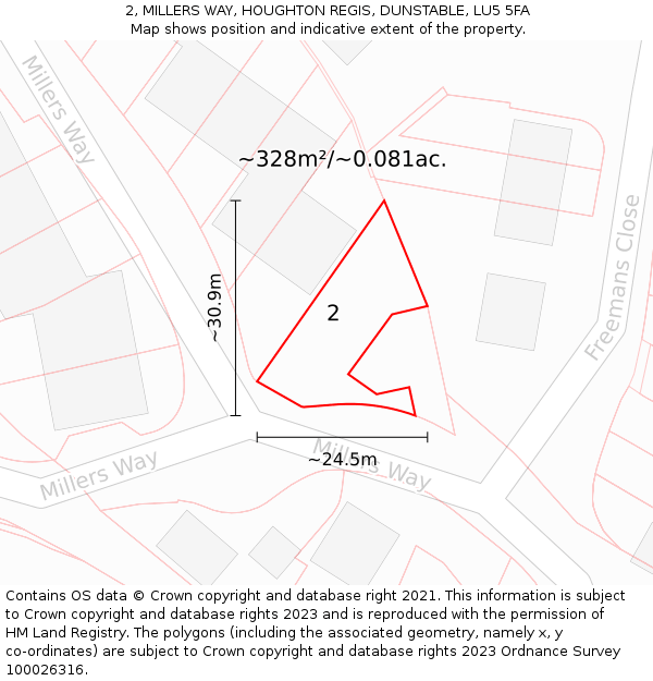 2, MILLERS WAY, HOUGHTON REGIS, DUNSTABLE, LU5 5FA: Plot and title map