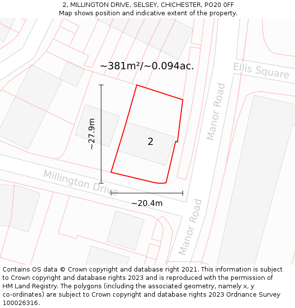 2, MILLINGTON DRIVE, SELSEY, CHICHESTER, PO20 0FF: Plot and title map