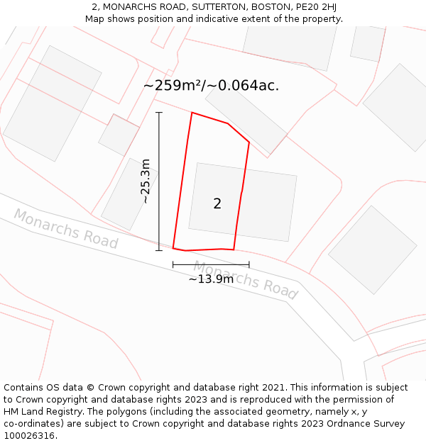 2, MONARCHS ROAD, SUTTERTON, BOSTON, PE20 2HJ: Plot and title map