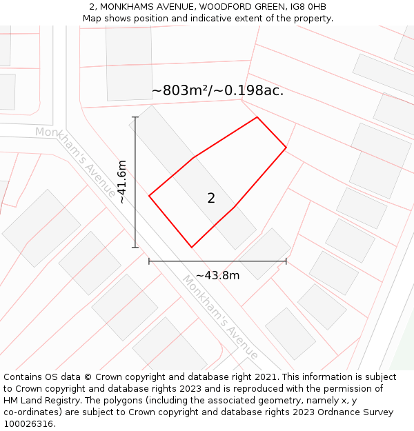 2, MONKHAMS AVENUE, WOODFORD GREEN, IG8 0HB: Plot and title map