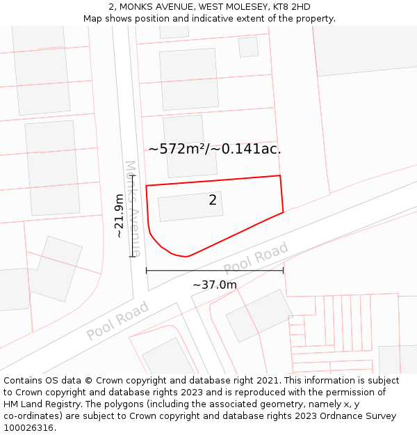 2, MONKS AVENUE, WEST MOLESEY, KT8 2HD: Plot and title map