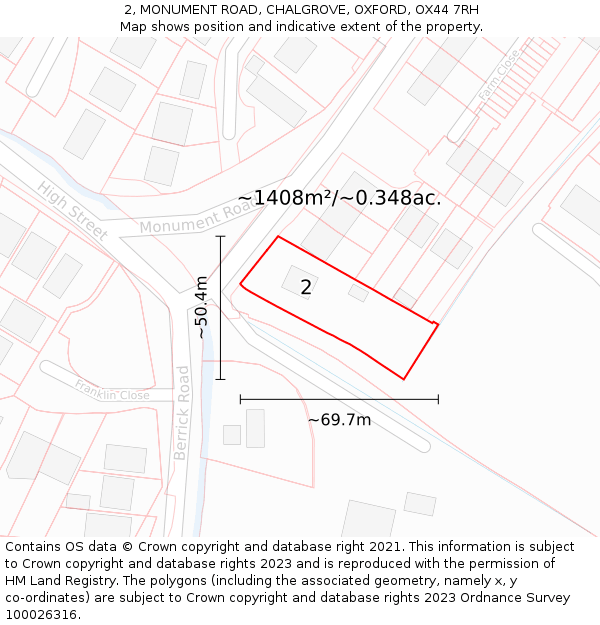 2, MONUMENT ROAD, CHALGROVE, OXFORD, OX44 7RH: Plot and title map