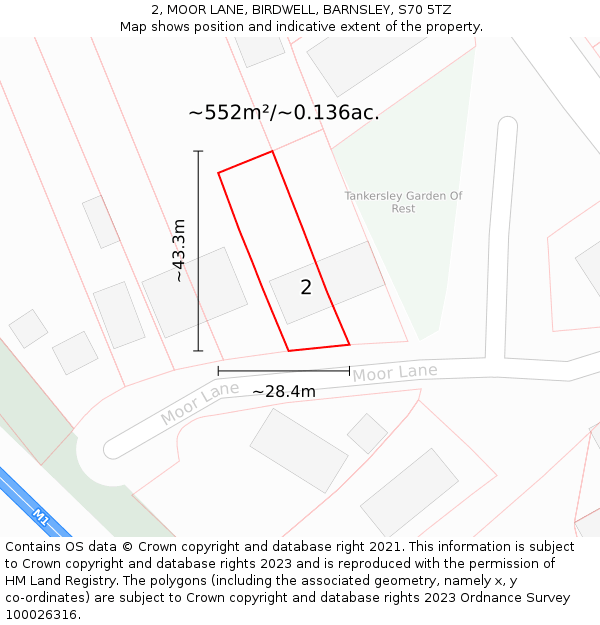 2, MOOR LANE, BIRDWELL, BARNSLEY, S70 5TZ: Plot and title map