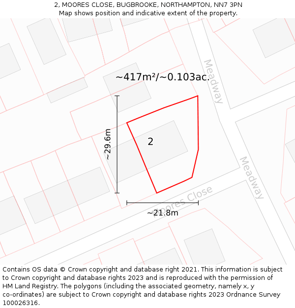 2, MOORES CLOSE, BUGBROOKE, NORTHAMPTON, NN7 3PN: Plot and title map