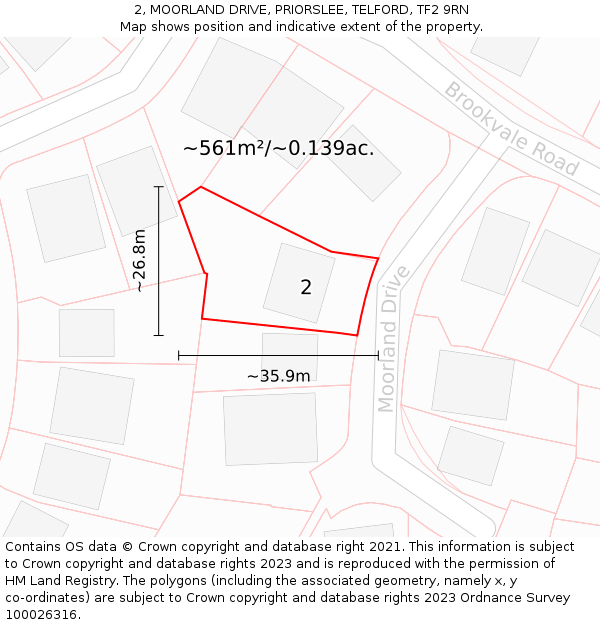 2, MOORLAND DRIVE, PRIORSLEE, TELFORD, TF2 9RN: Plot and title map