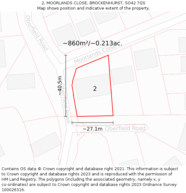 2, MOORLANDS CLOSE, BROCKENHURST, SO42 7QS: Plot and title map