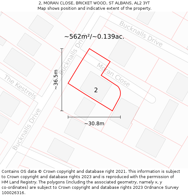 2, MORAN CLOSE, BRICKET WOOD, ST ALBANS, AL2 3YT: Plot and title map