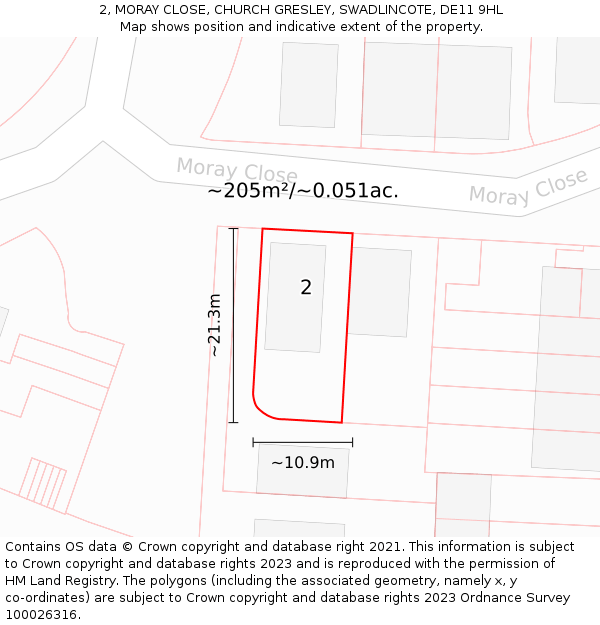 2, MORAY CLOSE, CHURCH GRESLEY, SWADLINCOTE, DE11 9HL: Plot and title map