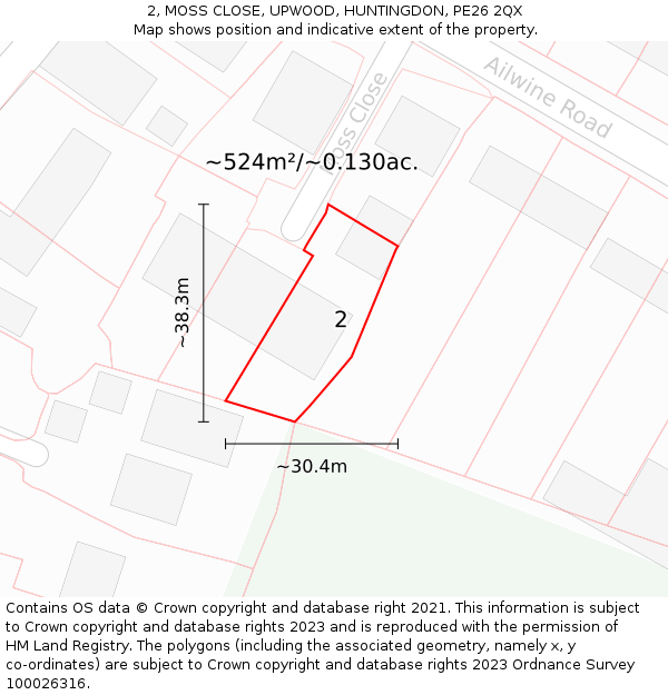 2, MOSS CLOSE, UPWOOD, HUNTINGDON, PE26 2QX: Plot and title map