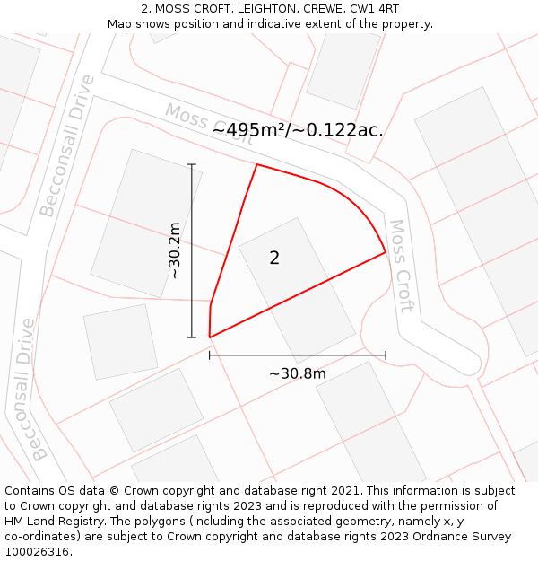 2, MOSS CROFT, LEIGHTON, CREWE, CW1 4RT: Plot and title map