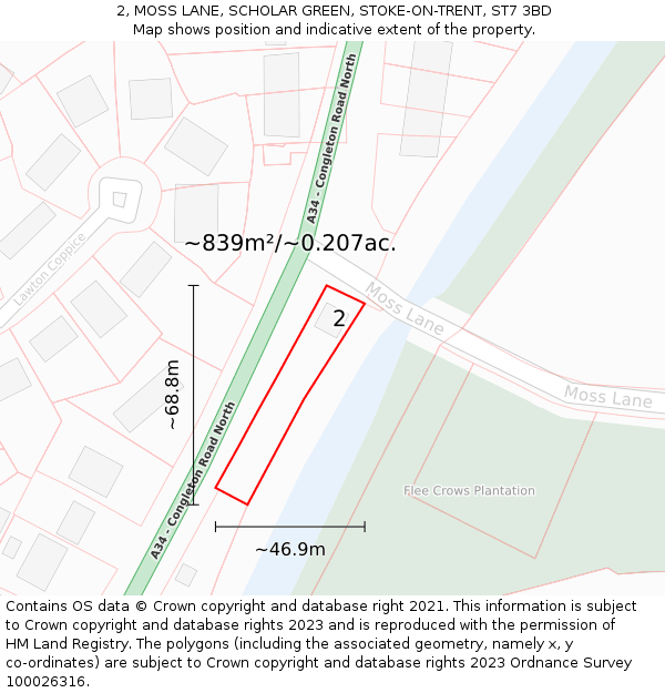 2, MOSS LANE, SCHOLAR GREEN, STOKE-ON-TRENT, ST7 3BD: Plot and title map