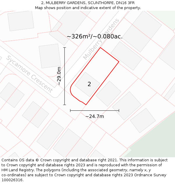 2, MULBERRY GARDENS, SCUNTHORPE, DN16 3FR: Plot and title map