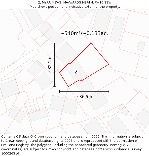 2, MYRA MEWS, HAYWARDS HEATH, RH16 3SW: Plot and title map