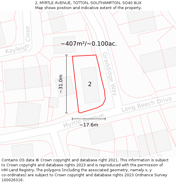 2, MYRTLE AVENUE, TOTTON, SOUTHAMPTON, SO40 8UX: Plot and title map