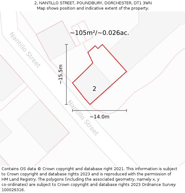 2, NANTILLO STREET, POUNDBURY, DORCHESTER, DT1 3WN: Plot and title map