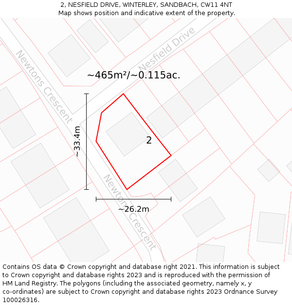 2, NESFIELD DRIVE, WINTERLEY, SANDBACH, CW11 4NT: Plot and title map