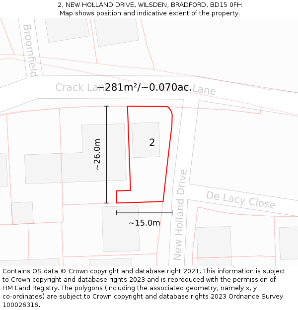 2, NEW HOLLAND DRIVE, WILSDEN, BRADFORD, BD15 0FH: Plot and title map