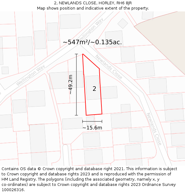 2, NEWLANDS CLOSE, HORLEY, RH6 8JR: Plot and title map