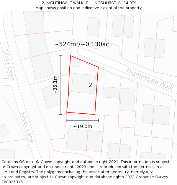 2, NIGHTINGALE WALK, BILLINGSHURST, RH14 9TY: Plot and title map