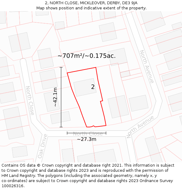 2, NORTH CLOSE, MICKLEOVER, DERBY, DE3 9JA: Plot and title map