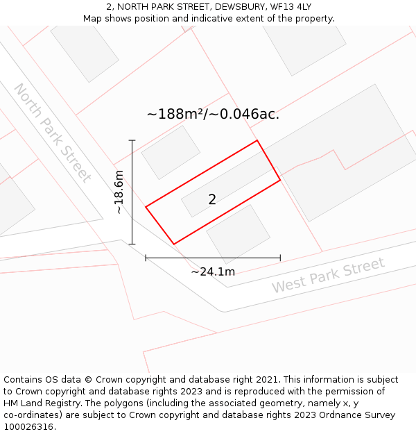 2, NORTH PARK STREET, DEWSBURY, WF13 4LY: Plot and title map
