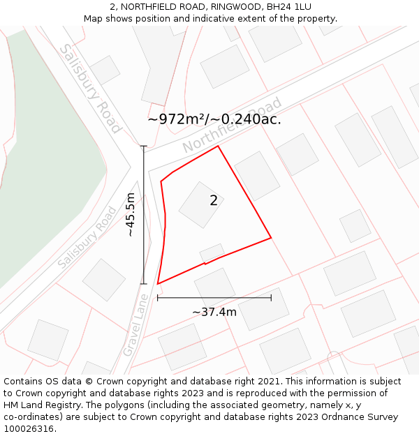 2, NORTHFIELD ROAD, RINGWOOD, BH24 1LU: Plot and title map