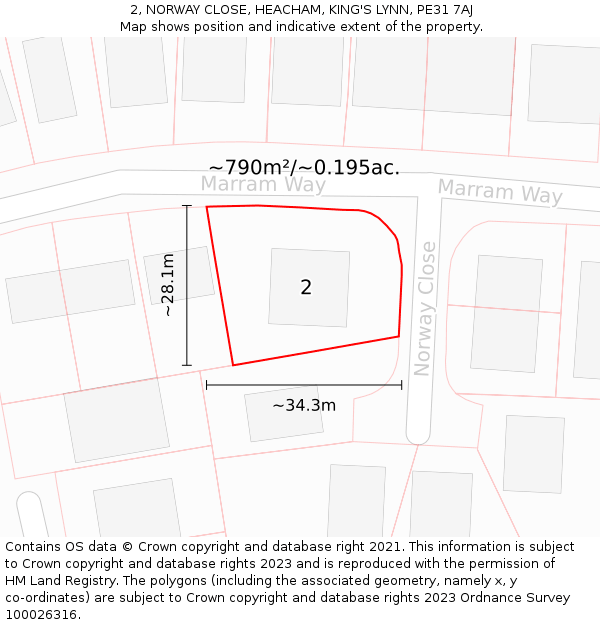 2, NORWAY CLOSE, HEACHAM, KING'S LYNN, PE31 7AJ: Plot and title map