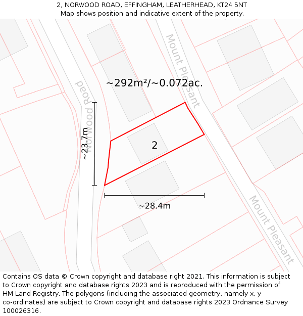 2, NORWOOD ROAD, EFFINGHAM, LEATHERHEAD, KT24 5NT: Plot and title map