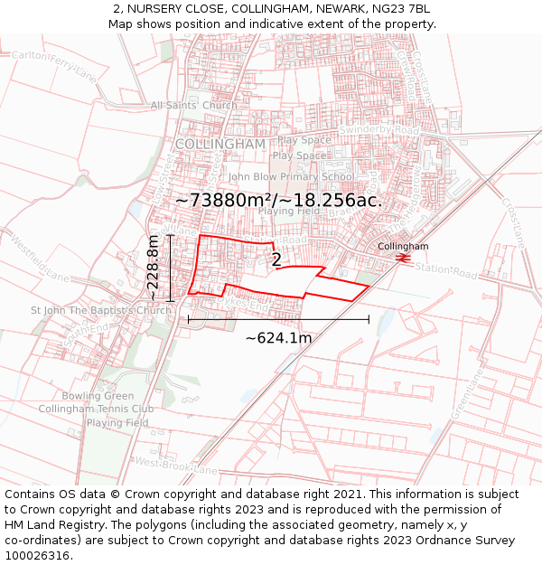 2, NURSERY CLOSE, COLLINGHAM, NEWARK, NG23 7BL: Plot and title map