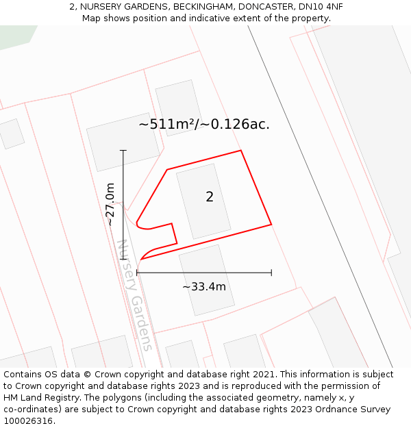 2, NURSERY GARDENS, BECKINGHAM, DONCASTER, DN10 4NF: Plot and title map