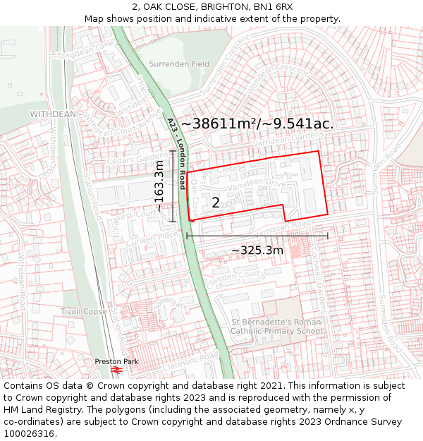 2, OAK CLOSE, BRIGHTON, BN1 6RX: Plot and title map